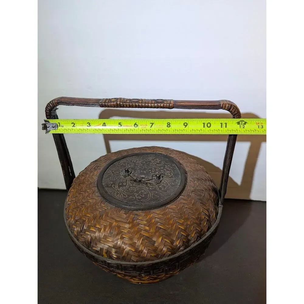 Vintage Woven Bamboo Wedding Basket Lid Chinoiserie Boho Decor